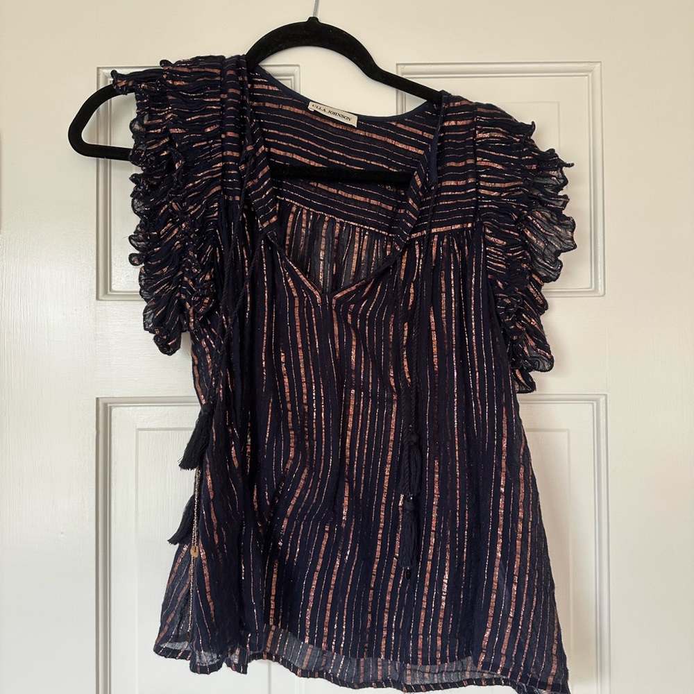Ulla Johnson Navy and Pink Striped Women Top
